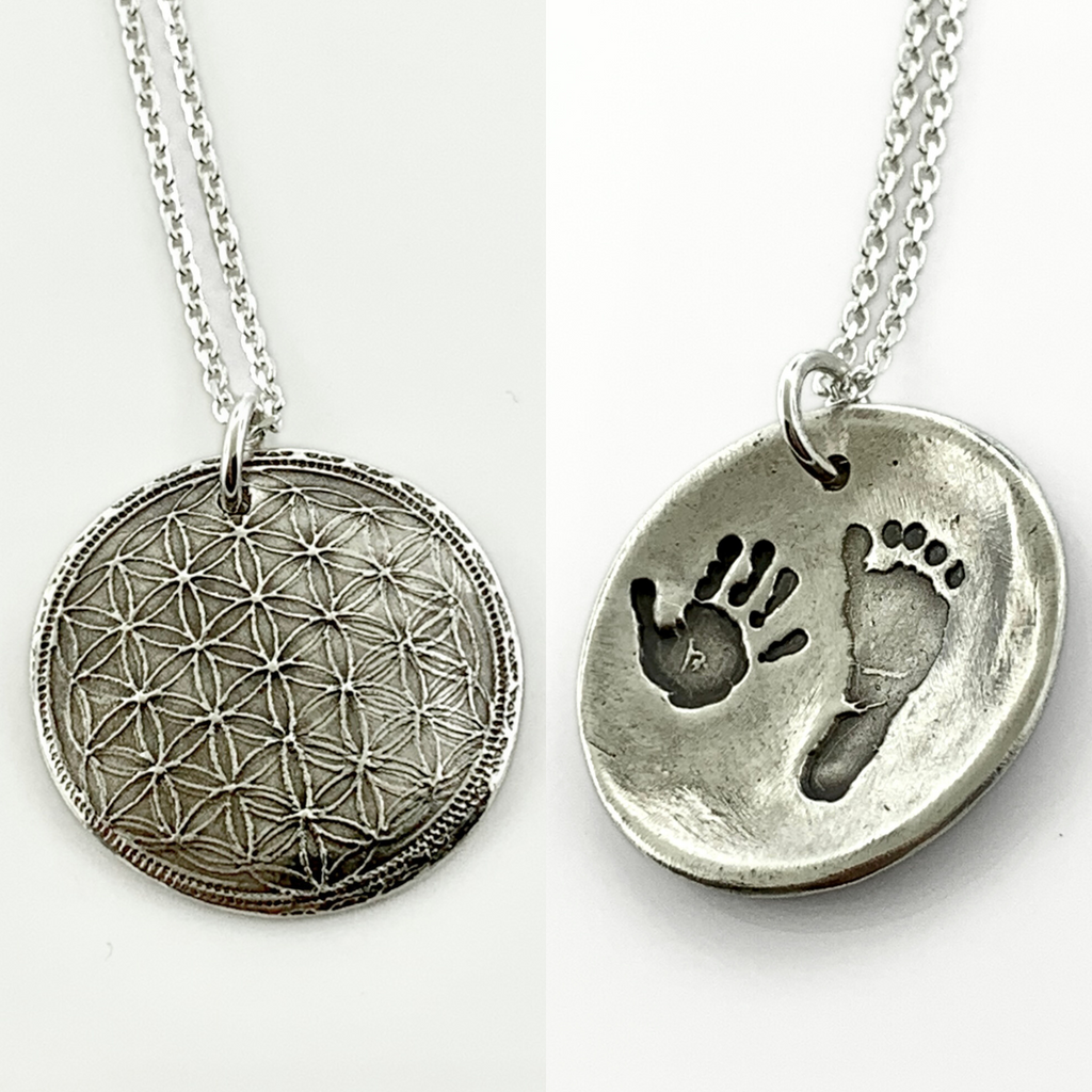 Sacred Geometry Pendant with Actual Baby Footprints – Fine Silver or Solid Bronze - Maya Belle Jewelry