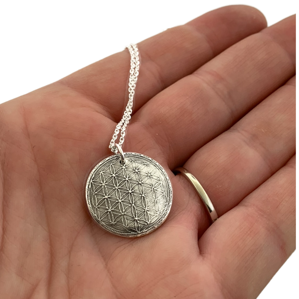 Sacred Geometry Pendant with Actual Baby Footprints – Fine Silver or Solid Bronze - Maya Belle Jewelry