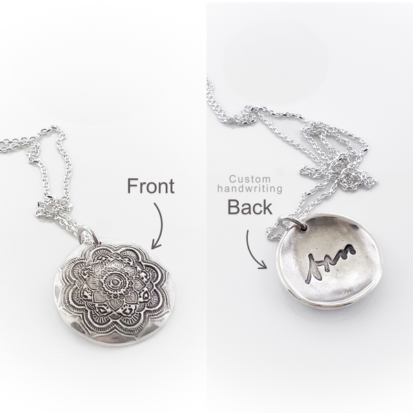 Mandala Necklace with Handwriting or Fingerprint on Back - Maya Belle Jewelry
