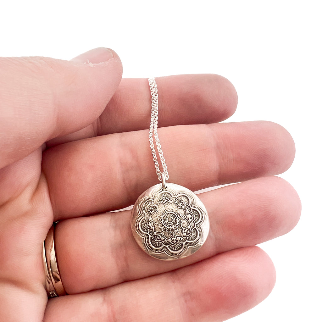 Mandala Necklace with Handwriting or Fingerprint on Back - Maya Belle Jewelry