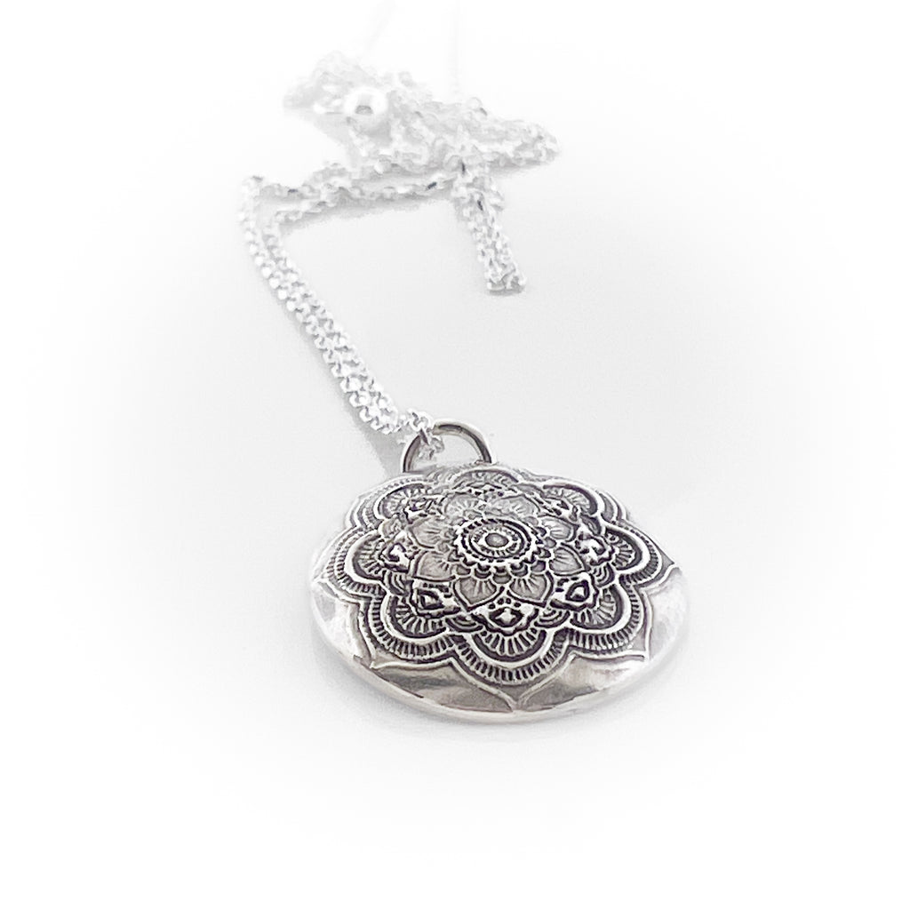 Mandala Necklace with Handwriting or Fingerprint on Back - Maya Belle Jewelry