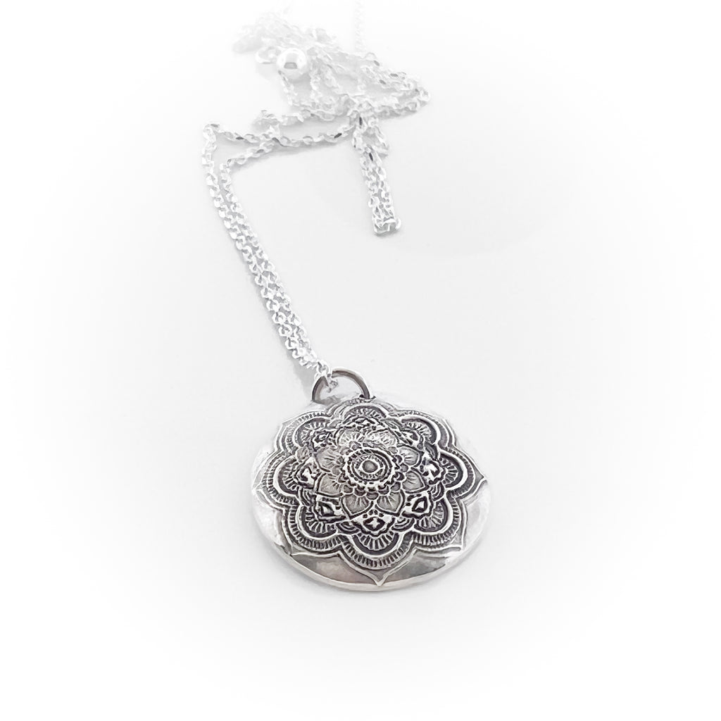 Mandala Necklace with Handwriting or Fingerprint on Back - Maya Belle Jewelry