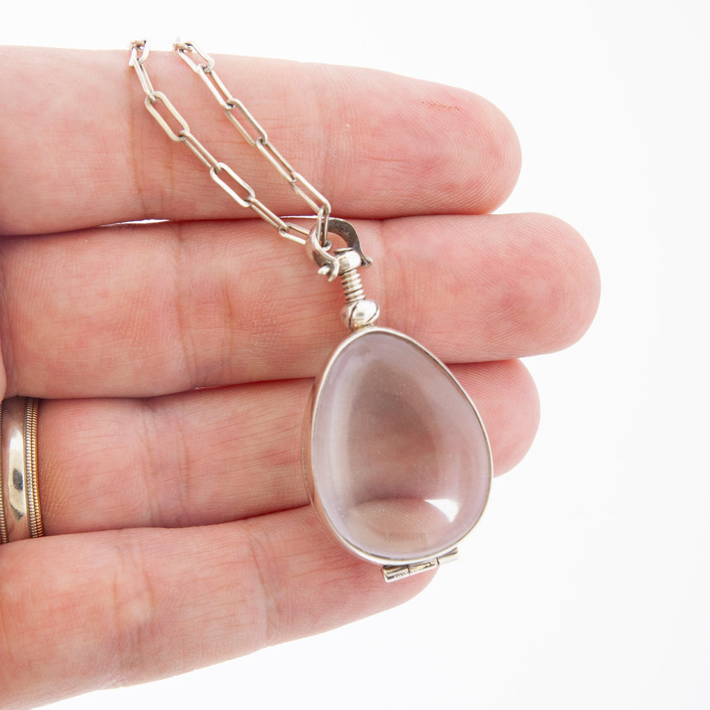 Vintage Glass Locket Necklace – Custom Memorial Jewelry – Charm with Photo, Hair, or Pressed Flower – Paperclip Chain - Maya Belle Jewelry