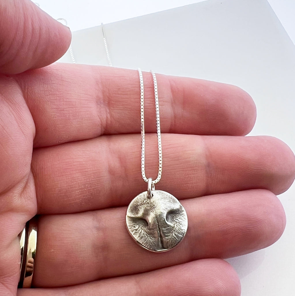 cat nose print charm necklace in fine silver