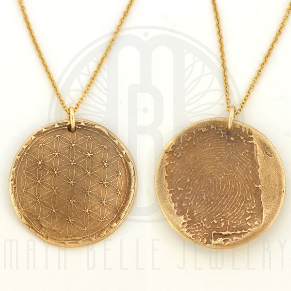 Sacred Geometry: Flower of Life Fingerprint Necklace in Silver or Bronze - Maya Belle Jewelry
