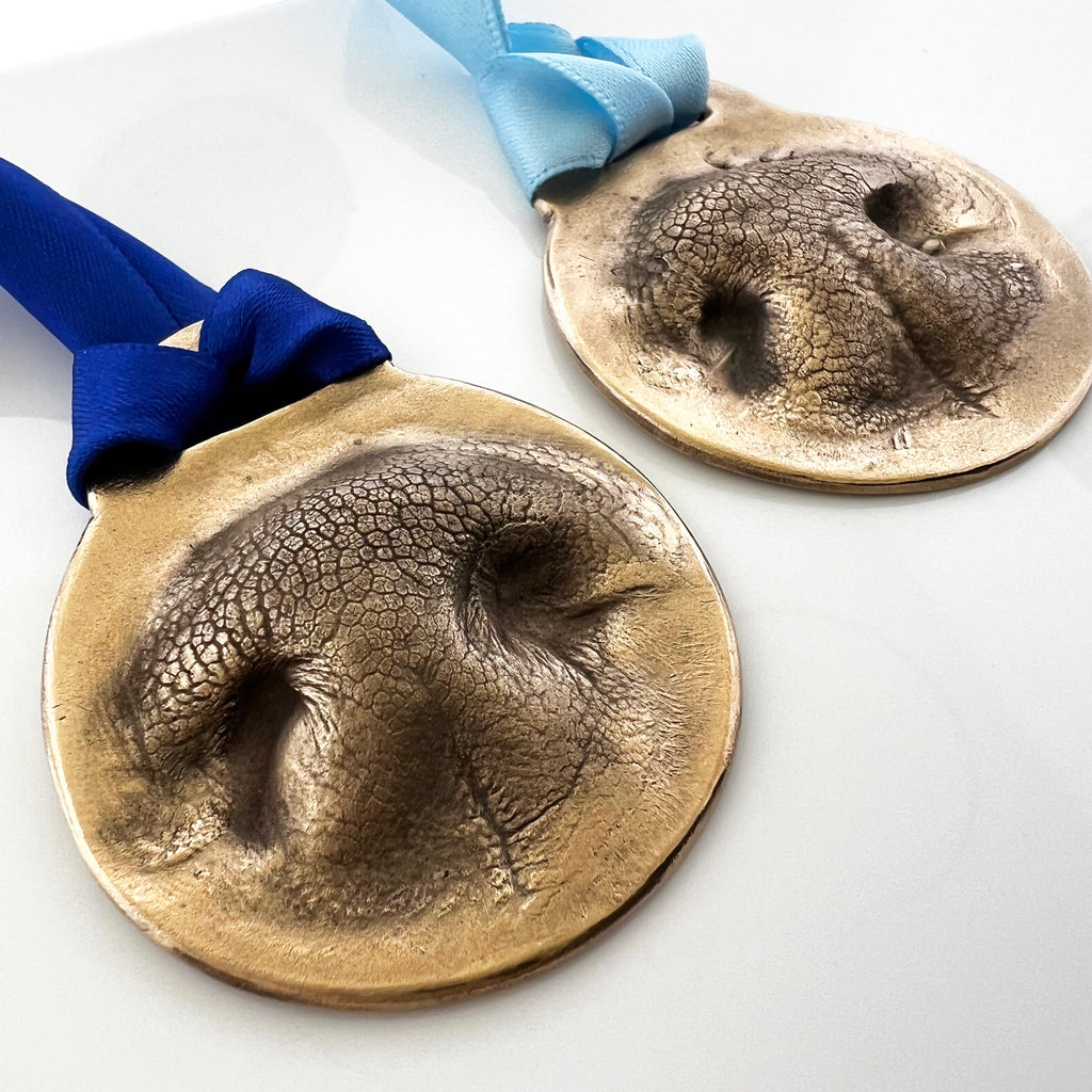 Dog Nose Print Ornament with navy and light blue ribbon - Maya Belle Jewelry