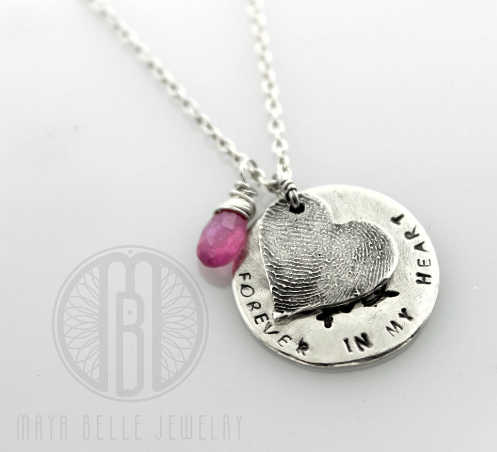 Fingerprint and actual handwriting memorial keepsake necklace with choice of birthstone - Maya Belle Jewelry