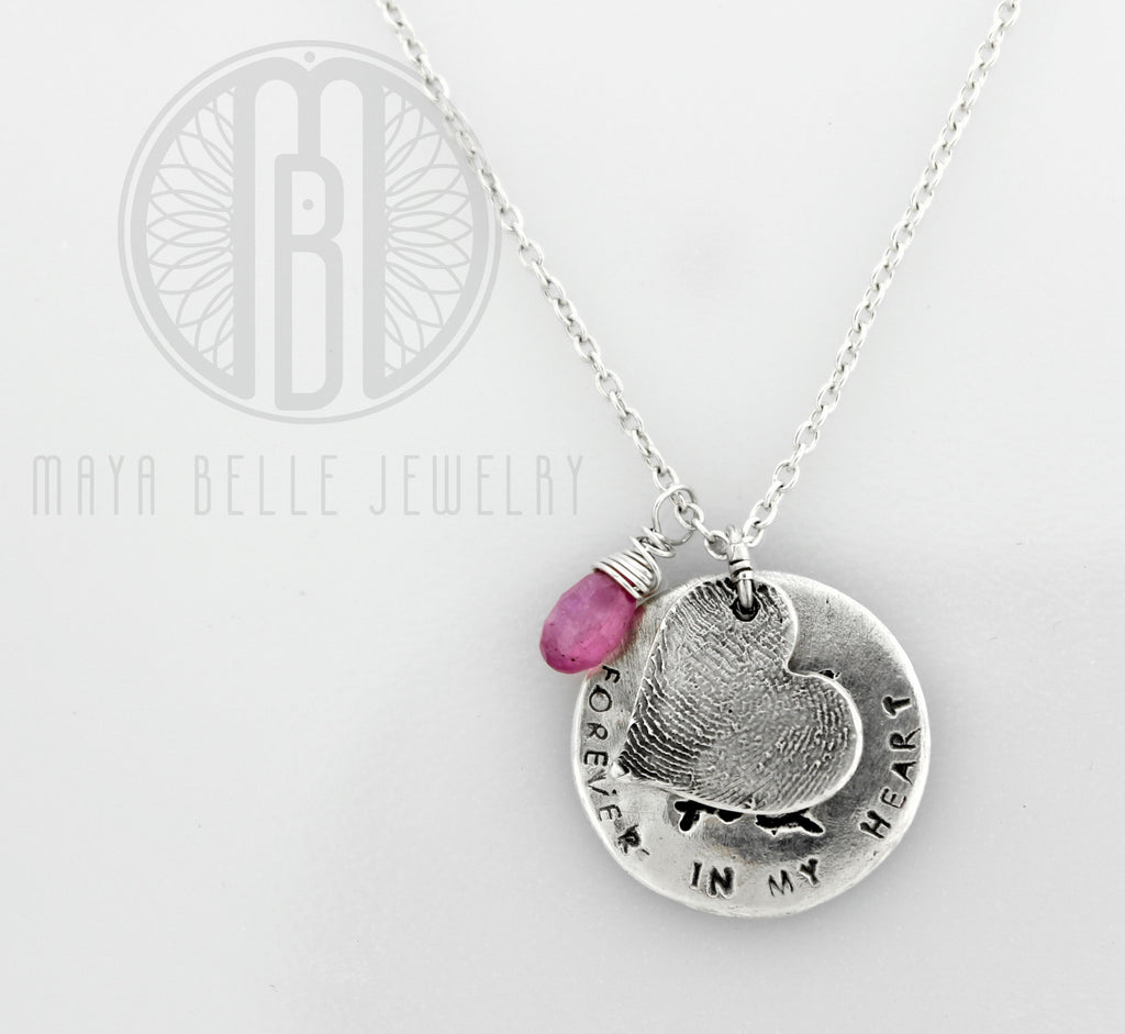 Fingerprint and actual handwriting memorial keepsake necklace with choice of birthstone - Maya Belle Jewelry