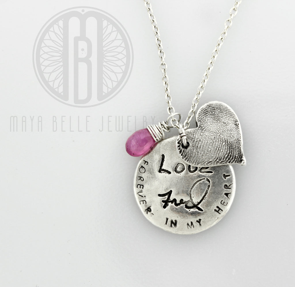 Fingerprint and actual handwriting memorial keepsake necklace with choice of birthstone - Maya Belle Jewelry