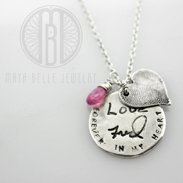 Fingerprint and actual handwriting memorial keepsake necklace with choice of birthstone - Maya Belle Jewelry