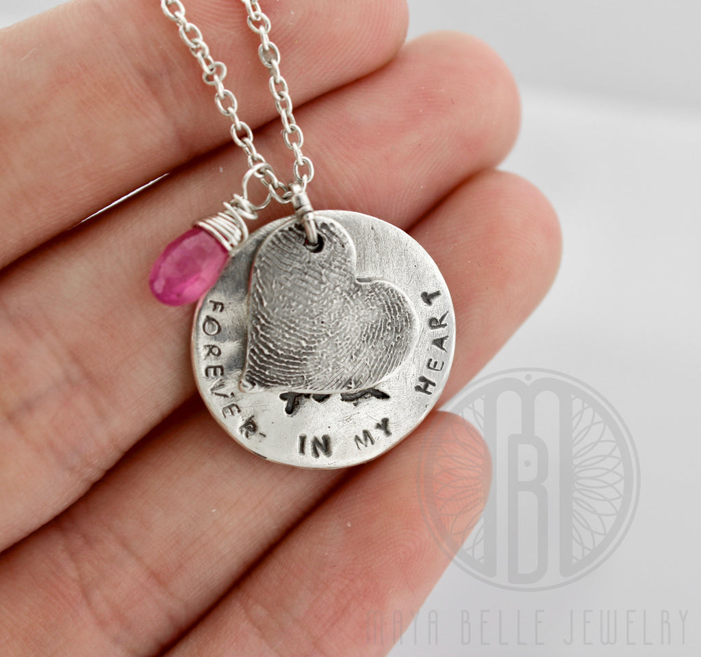 Fingerprint and actual handwriting memorial keepsake necklace with choice of birthstone - Maya Belle Jewelry