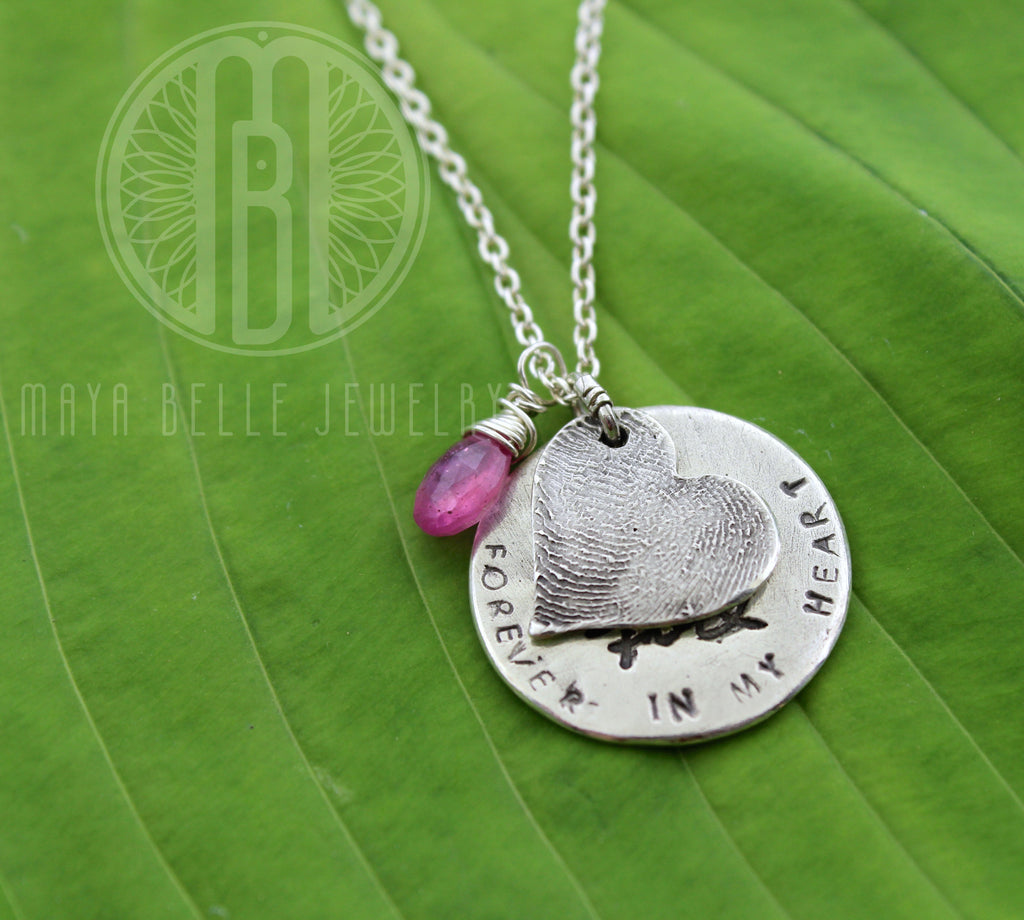 Fingerprint and actual handwriting memorial keepsake necklace with choice of birthstone - Maya Belle Jewelry