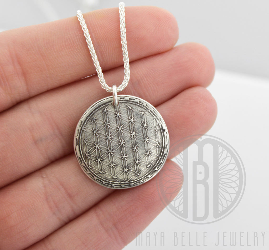 Sacred Geometry: Flower of Life Fingerprint Necklace in Silver or Bronze - Maya Belle Jewelry