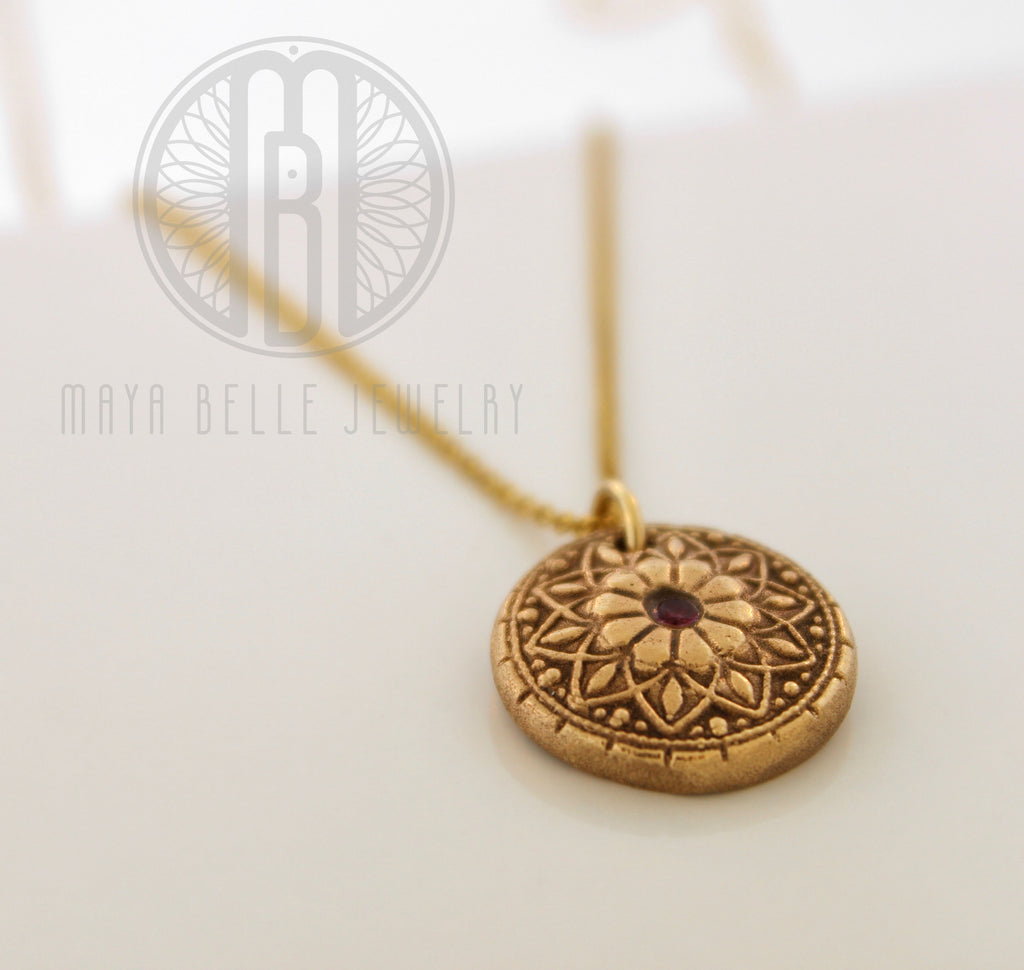 Mandala Fingerprint Necklace with Set Birthstone in Choice of Silver or Bronze - Maya Belle Jewelry