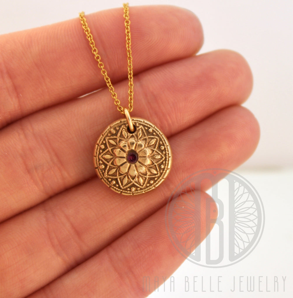 Mandala Fingerprint Necklace with Set Birthstone in Choice of Silver or Bronze - Maya Belle Jewelry