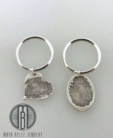Silver Fingerprint Charm Keychain with Choice of Shape - Maya Belle Jewelry