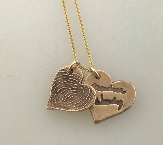 One Handwriting and One Fingerprint Charm Necklace In Choice of Silver or Bronze and Shape - Maya Belle Jewelry
