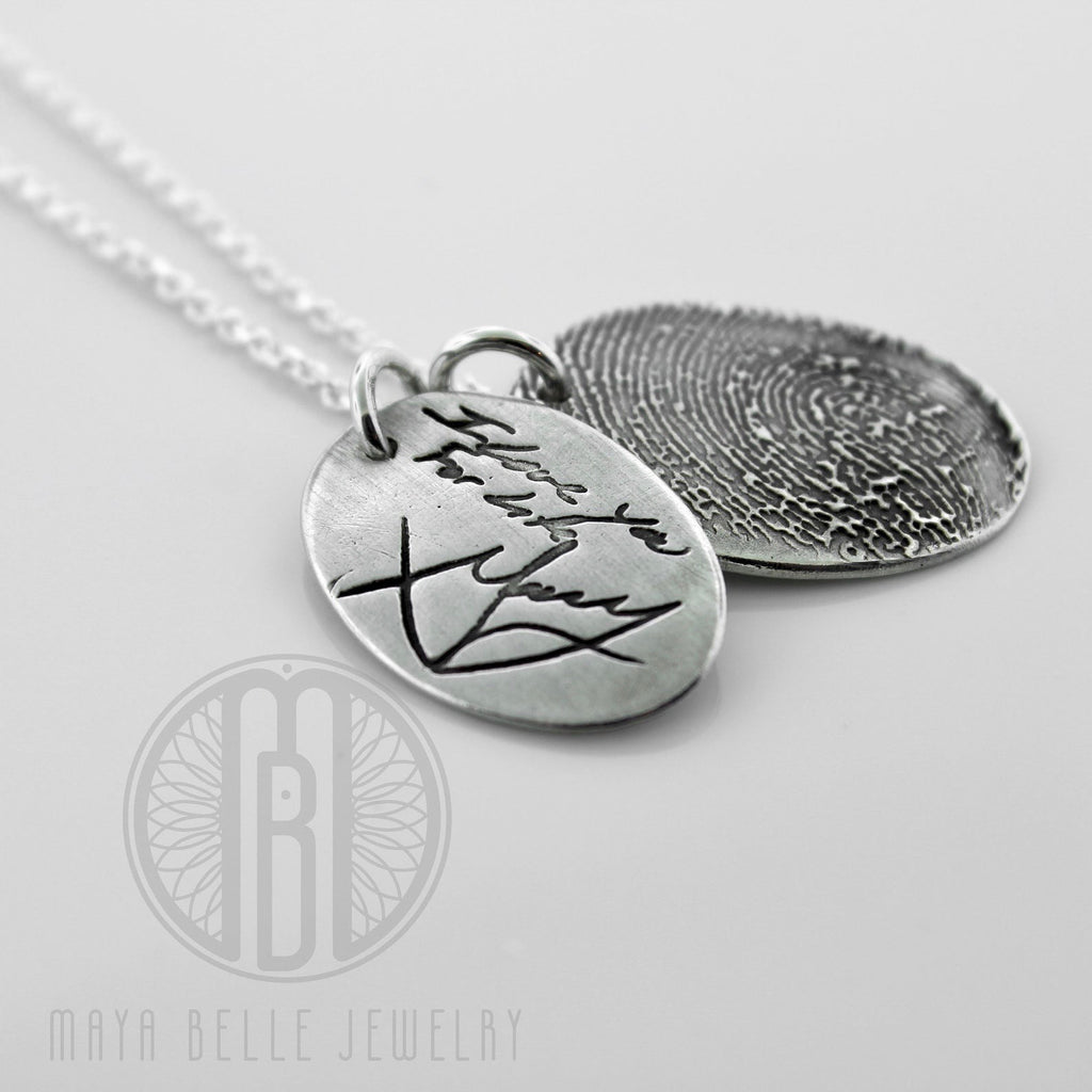 One Handwriting and One Fingerprint Charm Necklace In Choice of Silver or Bronze and Shape - Maya Belle Jewelry