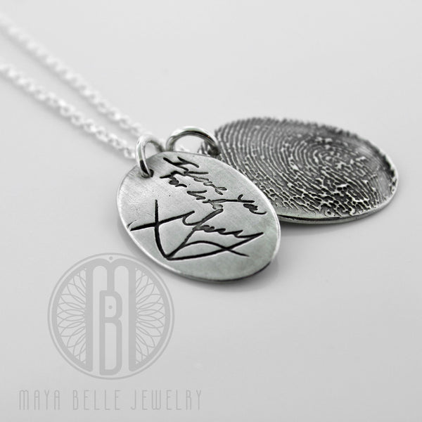 One Handwriting and One Fingerprint Charm Necklace In Choice of Silver or Bronze and Shape - Maya Belle Jewelry