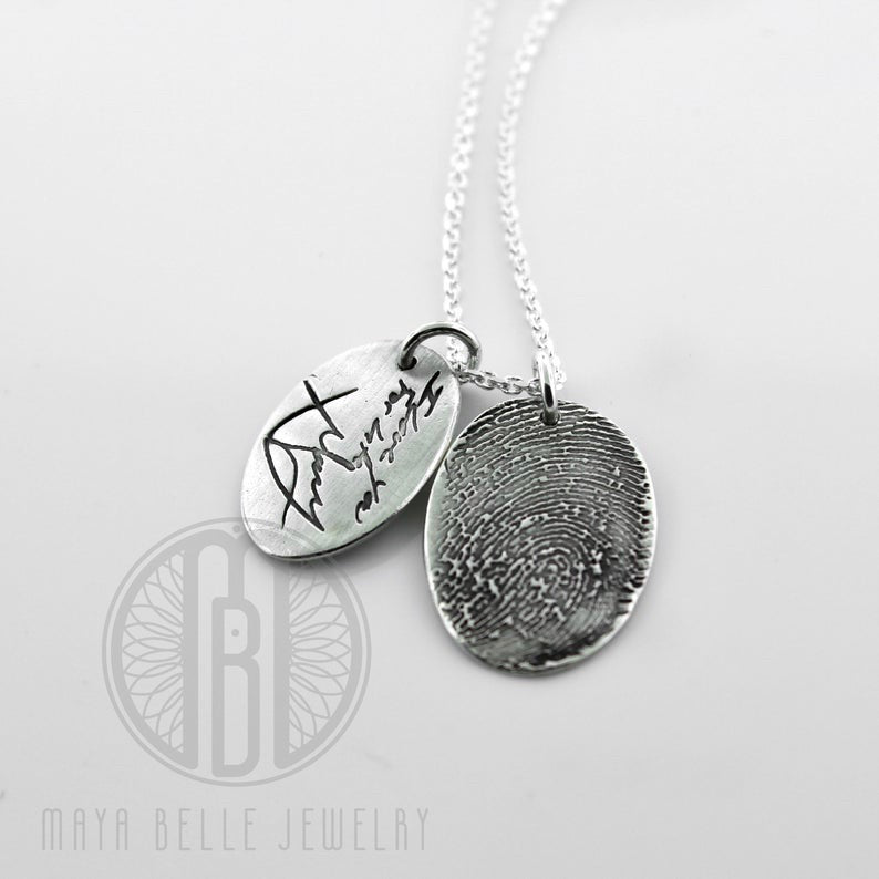 One Handwriting and One Fingerprint Charm Necklace In Choice of Silver or Bronze and Shape - Maya Belle Jewelry