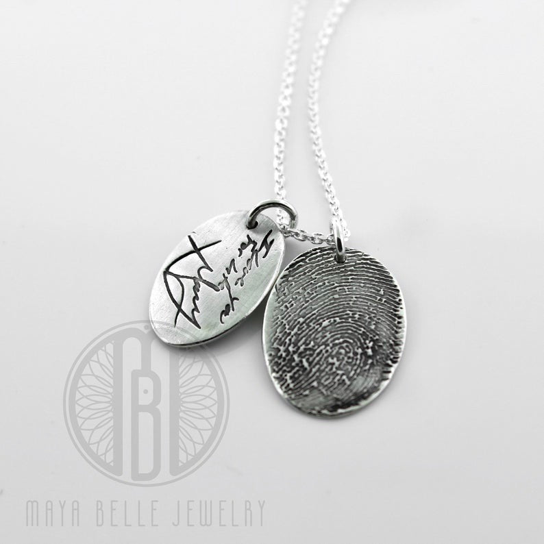 One Handwriting and One Fingerprint Charm Necklace In Choice of Silver or Bronze and Shape - Maya Belle Jewelry