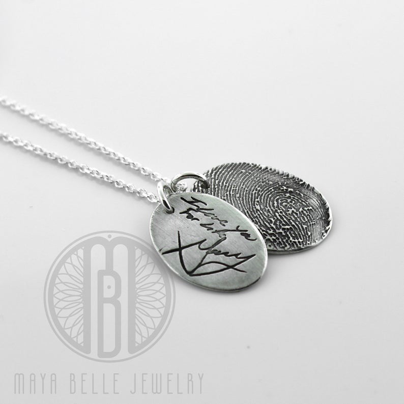 One Handwriting and One Fingerprint Charm Necklace In Choice of Silver or Bronze and Shape - Maya Belle Jewelry
