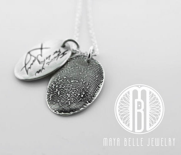 One Handwriting and One Fingerprint Charm Necklace In Choice of Silver or Bronze and Shape - Maya Belle Jewelry