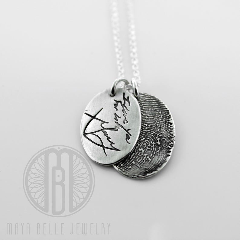 One Handwriting and One Fingerprint Charm Necklace In Choice of Silver or Bronze and Shape - Maya Belle Jewelry