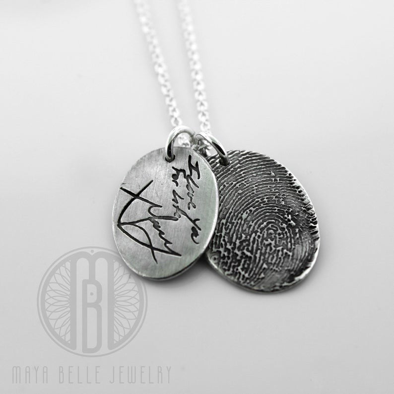 One Handwriting and One Fingerprint Charm Necklace In Choice of Silver or Bronze and Shape - Maya Belle Jewelry