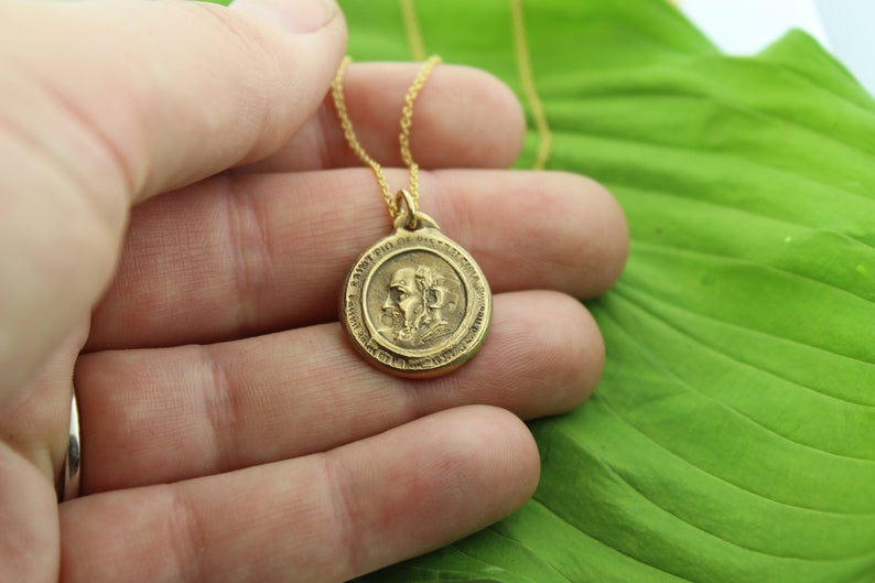 Padre Pio medal • gold Padre Pio medallion • saints medals • religious medals - Maya Belle Jewelry