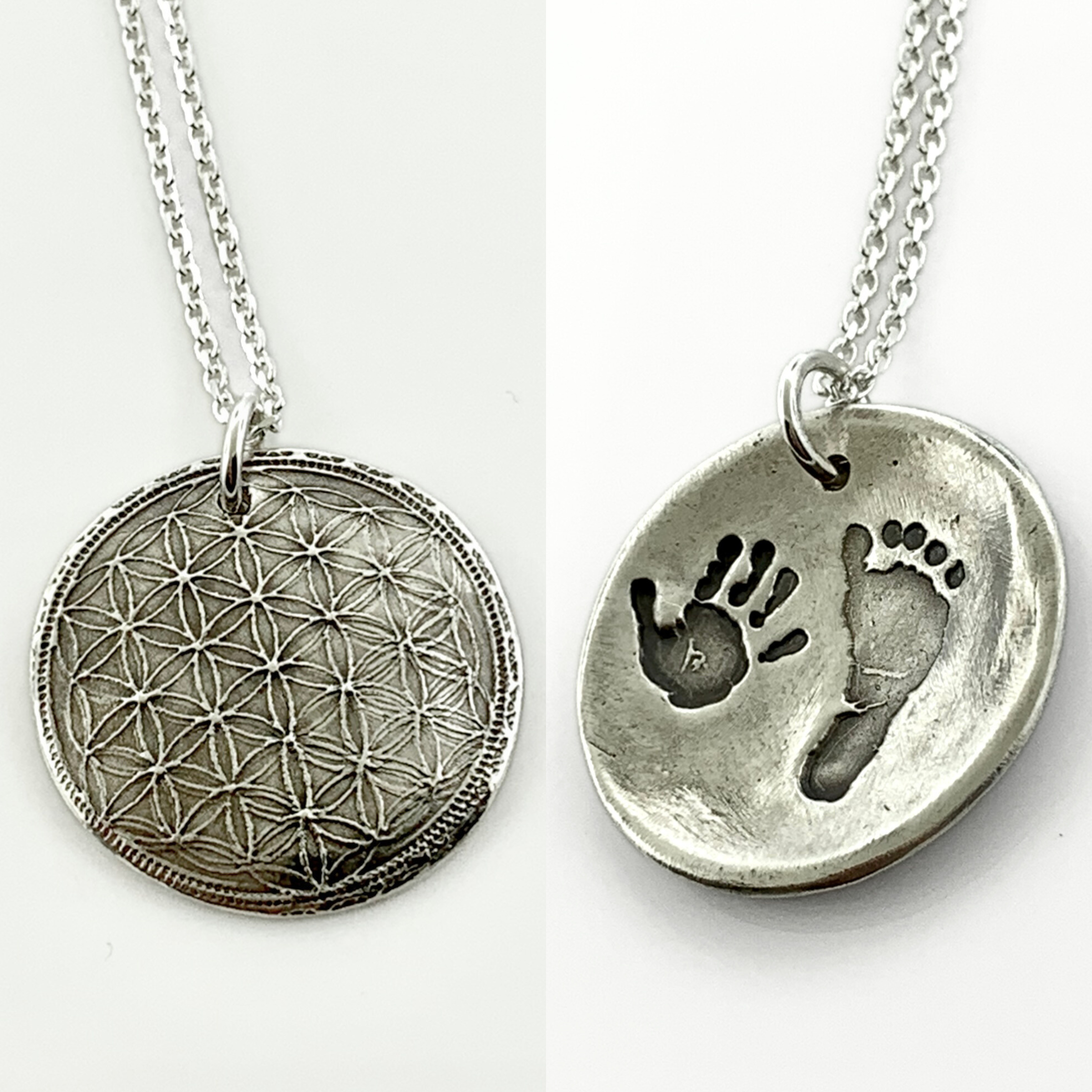 Sacred Geometry Pendant with Actual Baby Footprints – Fine Silver or Solid Bronze - Maya Belle Jewelry 