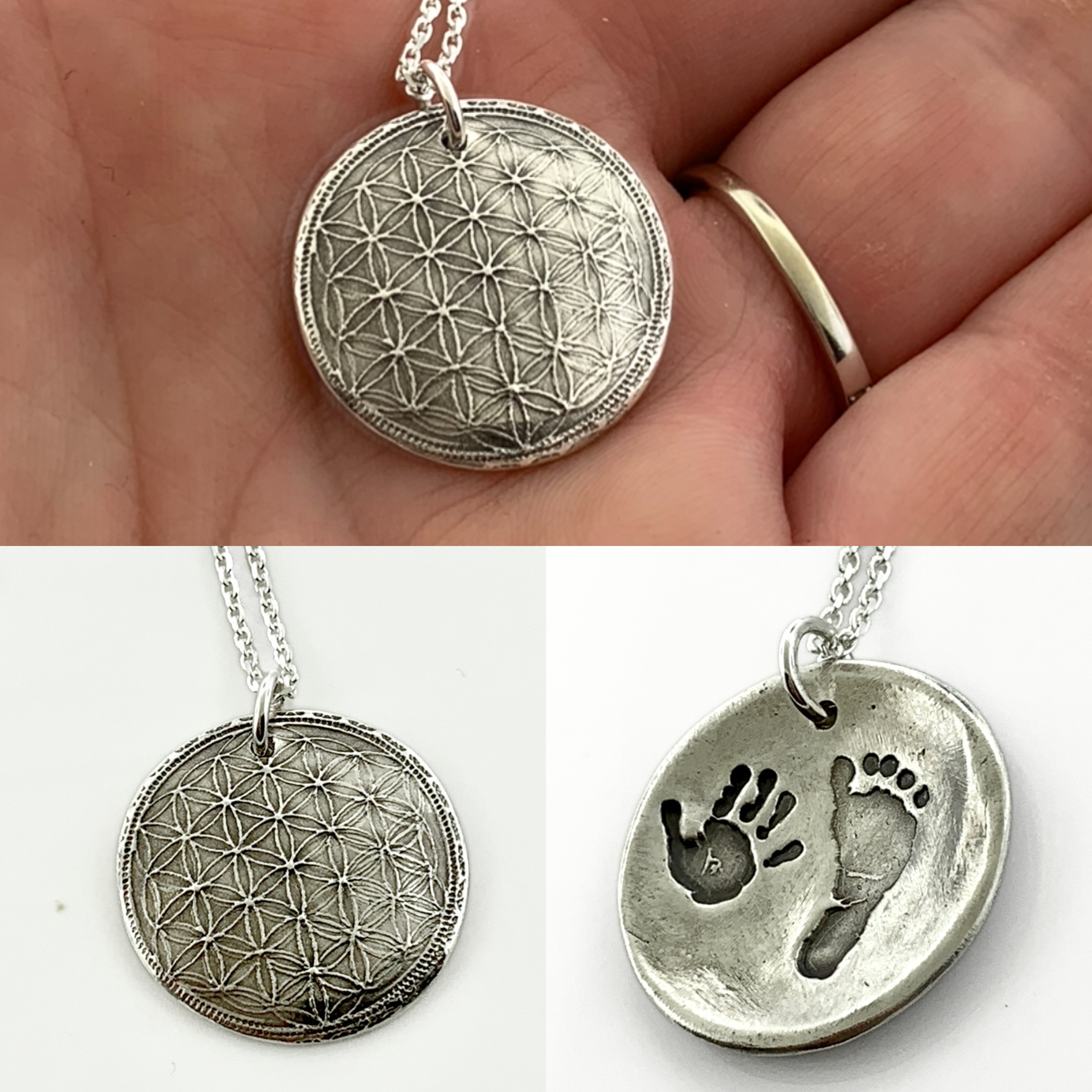 Sacred Geometry Pendant with Actual Baby Footprints – Fine Silver or Solid Bronze - Maya Belle Jewelry 