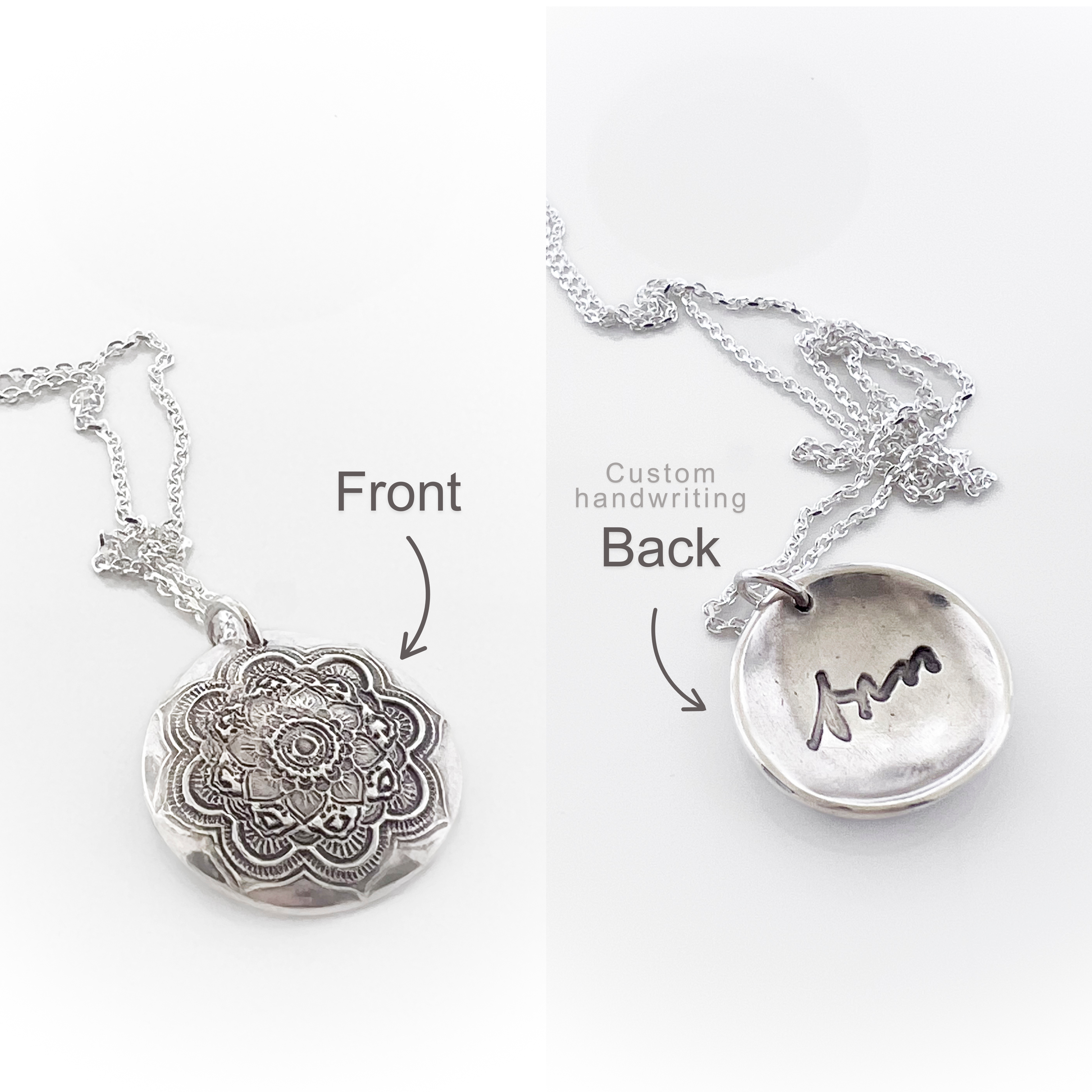 Mandala Necklace with Handwriting or Fingerprint on Back - Maya Belle Jewelry 