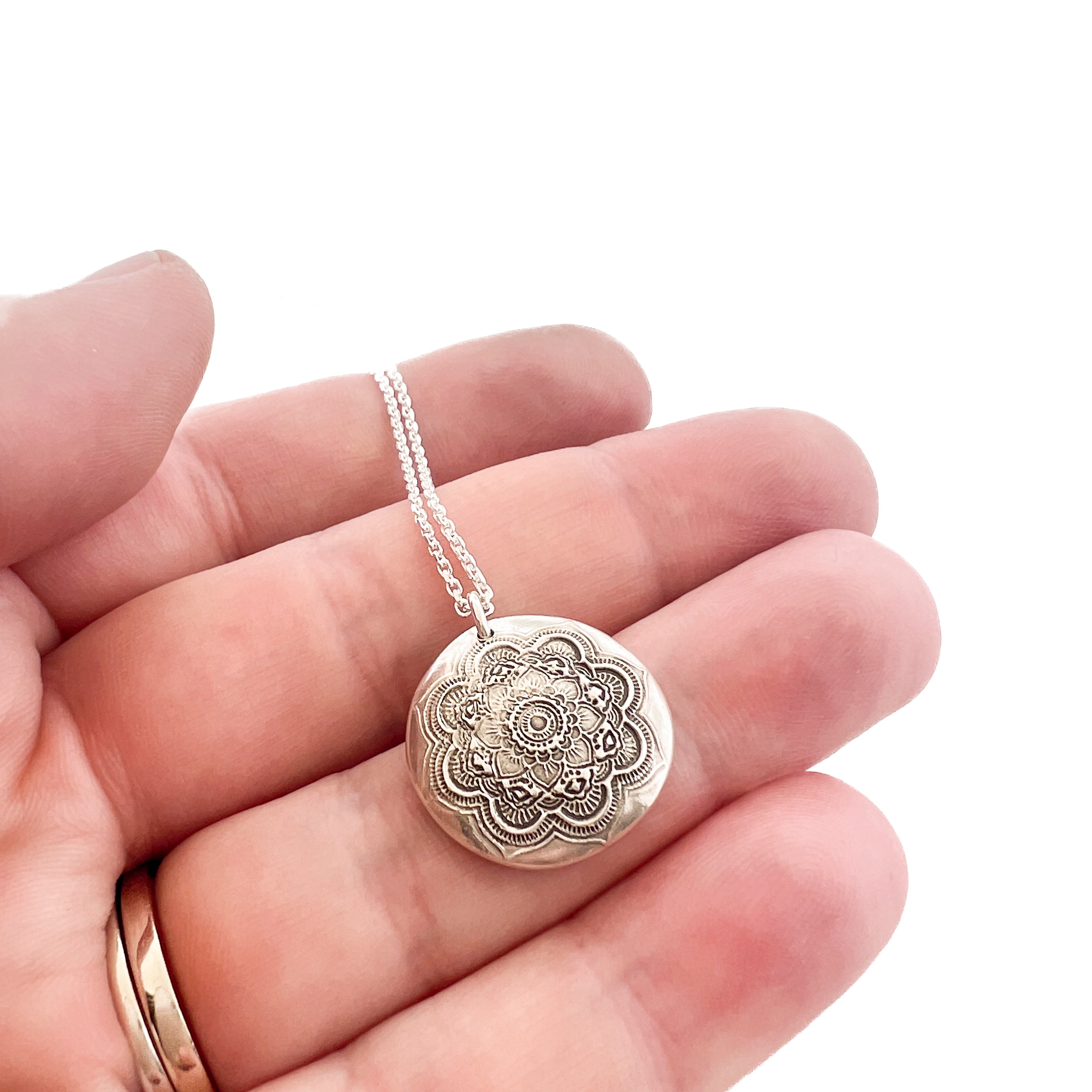 Mandala Necklace with Handwriting or Fingerprint on Back - Maya Belle Jewelry 