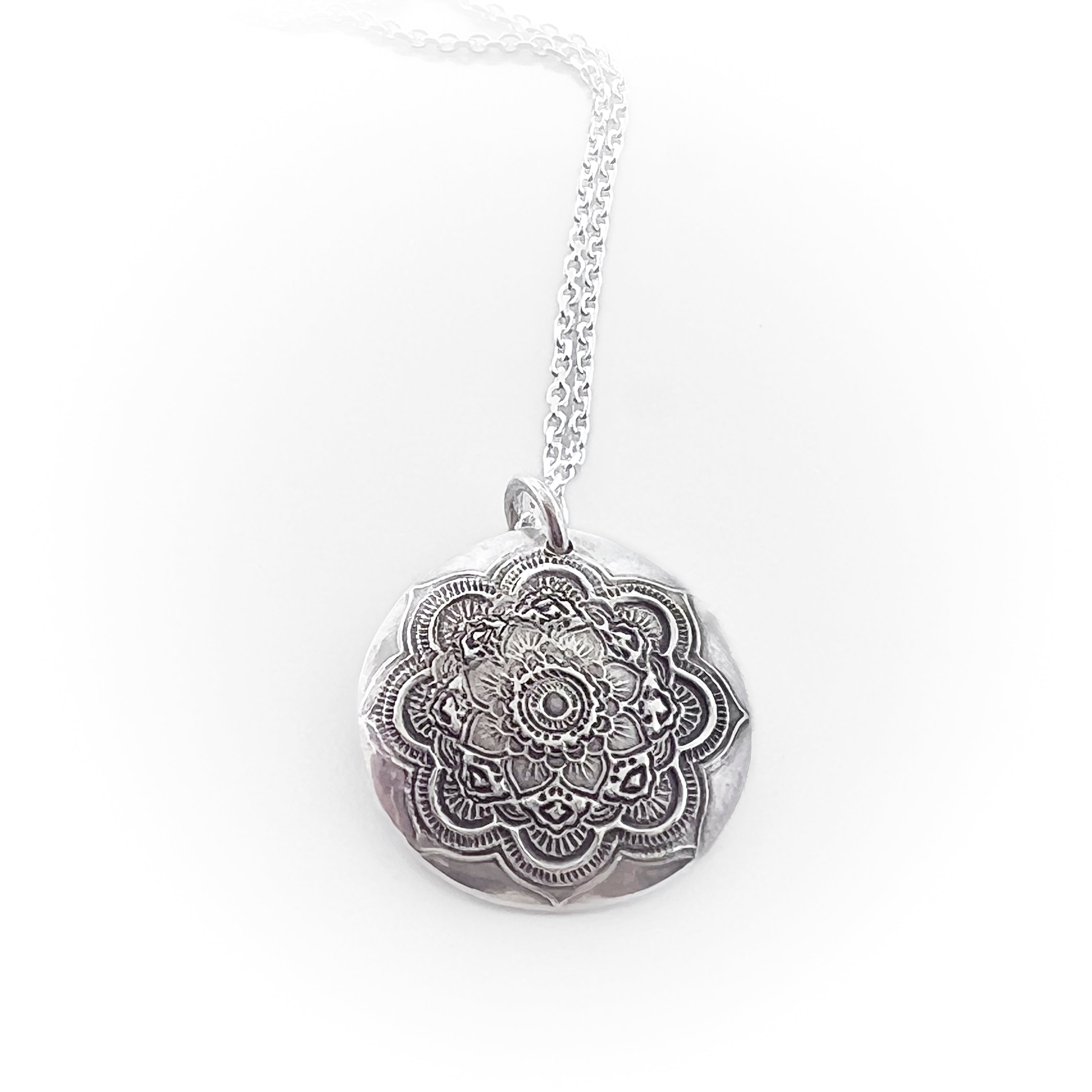 Mandala Necklace with Handwriting or Fingerprint on Back - Maya Belle Jewelry 