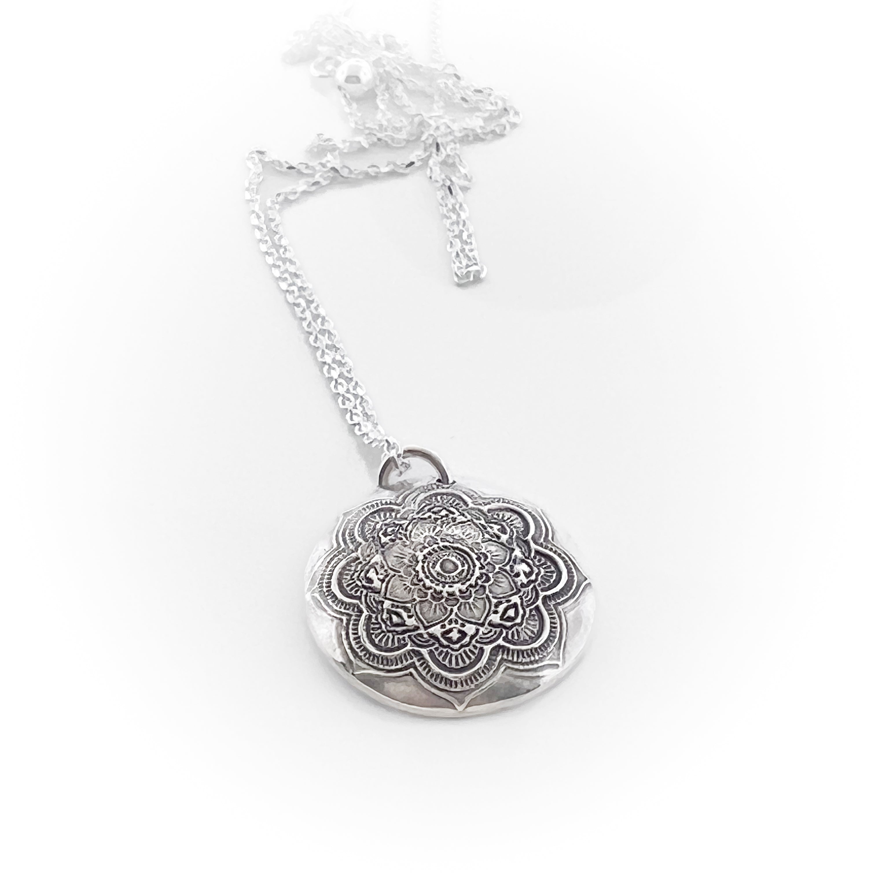 Mandala Necklace with Handwriting or Fingerprint on Back - Maya Belle Jewelry 