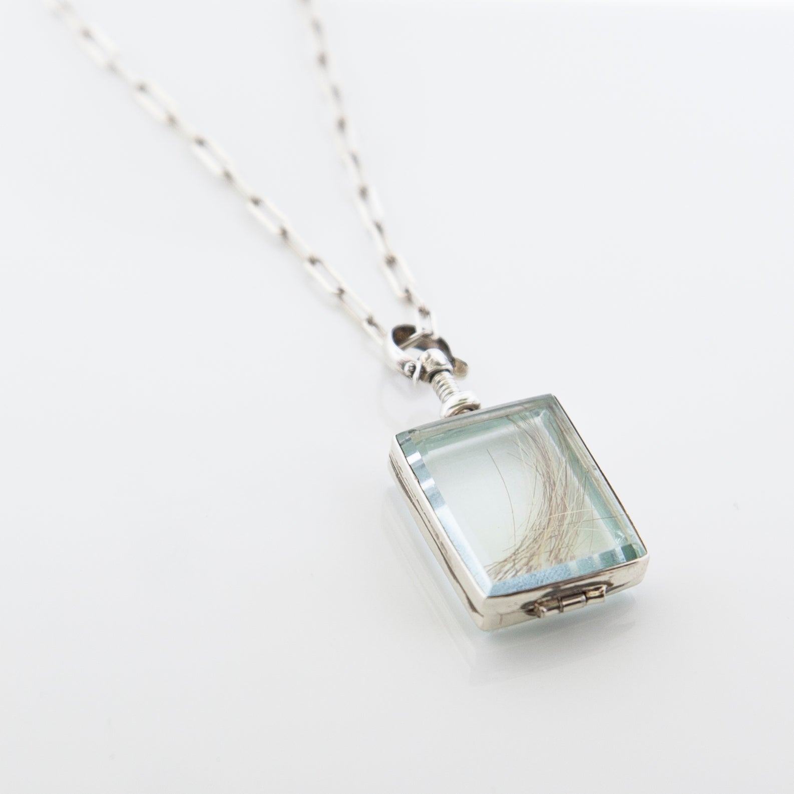 Vintage Glass Locket Necklace – Custom Memorial Jewelry – Charm with Photo, Hair, or Pressed Flower – Paperclip Chain - Maya Belle Jewelry 