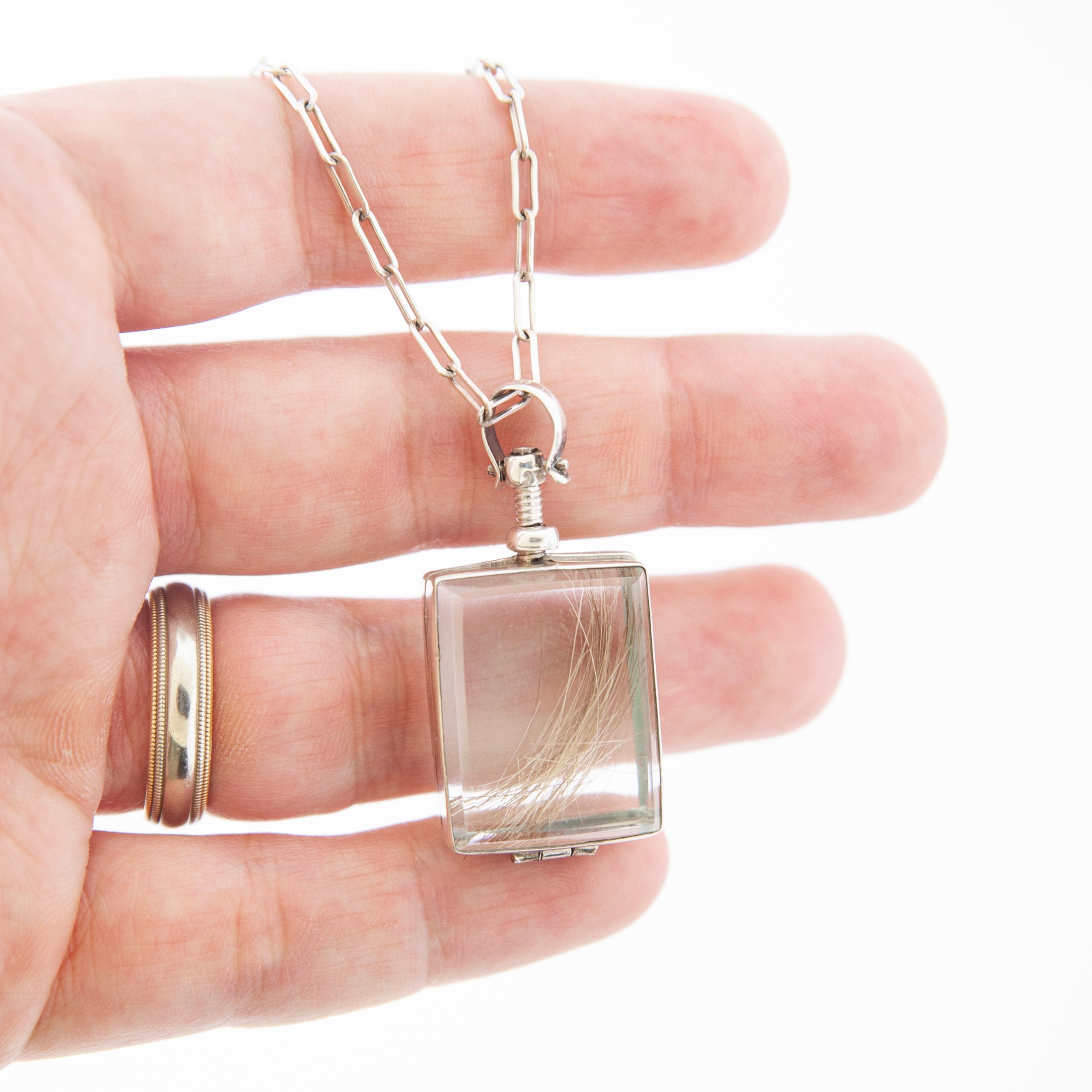 Vintage Glass Locket Necklace – Custom Memorial Jewelry – Charm with Photo, Hair, or Pressed Flower – Paperclip Chain - Maya Belle Jewelry 