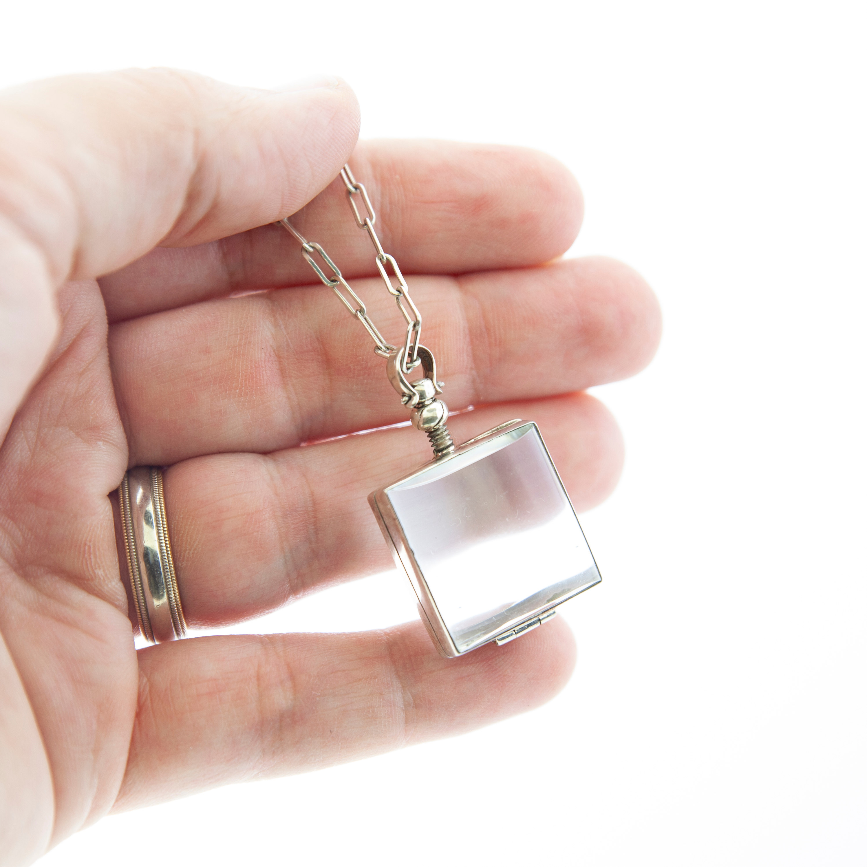 Vintage Glass Locket Necklace – Custom Memorial Jewelry – Charm with Photo, Hair, or Pressed Flower – Paperclip Chain - Maya Belle Jewelry 