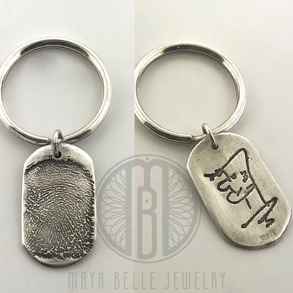 Fingerprint or thumbprint keychain, with actual handwriting on the reverse - Maya Belle Jewelry 