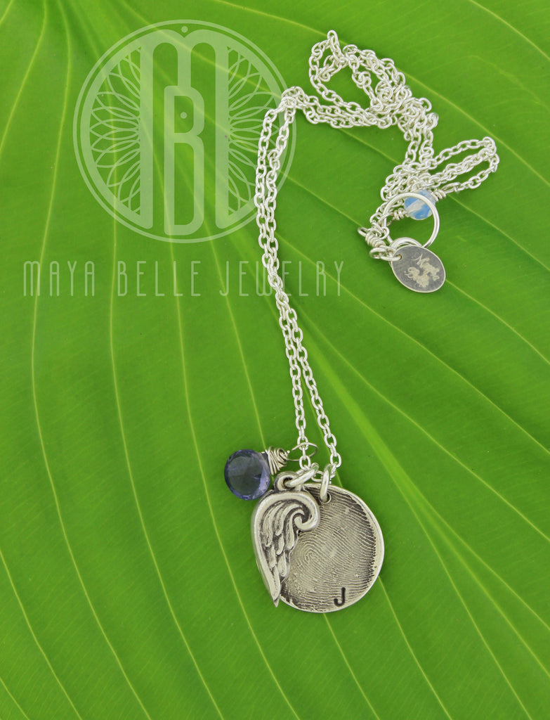Small Fingerprint Charm with Angel Wing and Birthstone and or Initial - Maya Belle Jewelry 