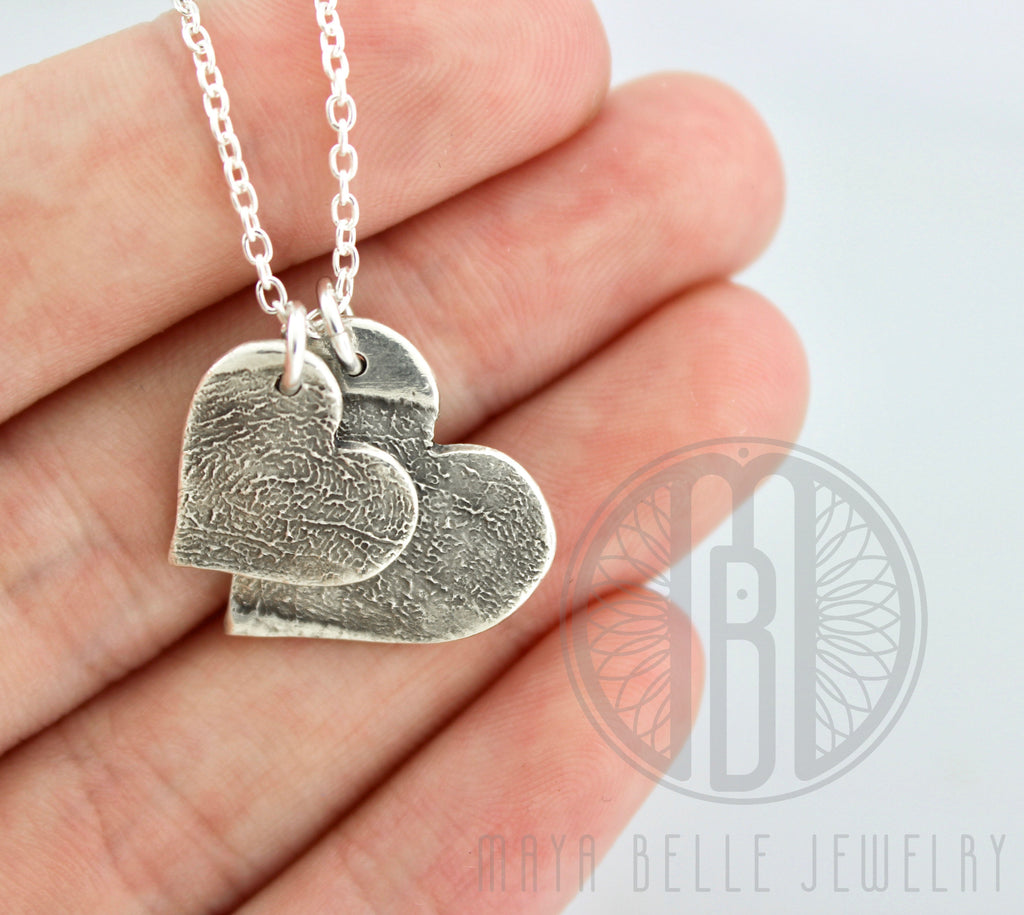Two Fingerprint Charms Necklace Pure Silver with choice of shape and birthstone - Maya Belle Jewelry 