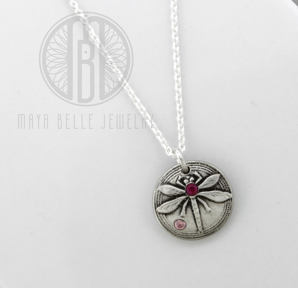 Dragonfly Pendant in Silver or Bronze with two set Birthstones - Maya Belle Jewelry 