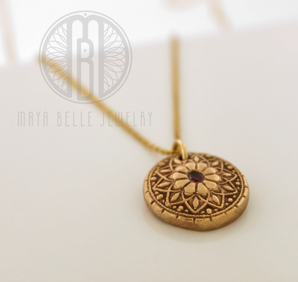 Mandala Fingerprint Necklace with Set Birthstone in Choice of Silver or Bronze - Maya Belle Jewelry 