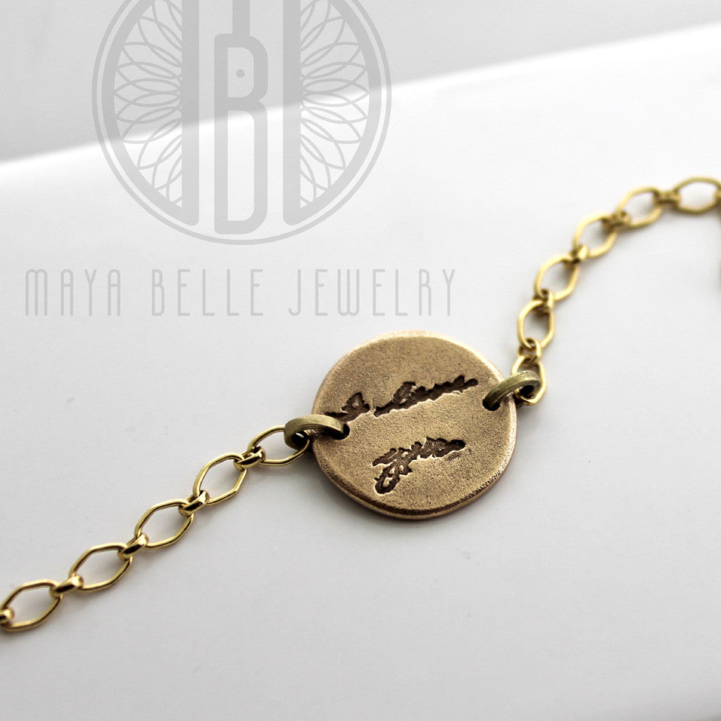 Thumbprint, Fingerprint and Handwriting Reversible Bracelet from JPEG image in Pure Bronze and 14k gf - Maya Belle Jewelry 