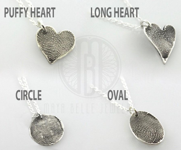 Small Fingerprint Necklace with Handwriting (in Choice of Bronze or Silver and Shape) - Maya Belle Jewelry 