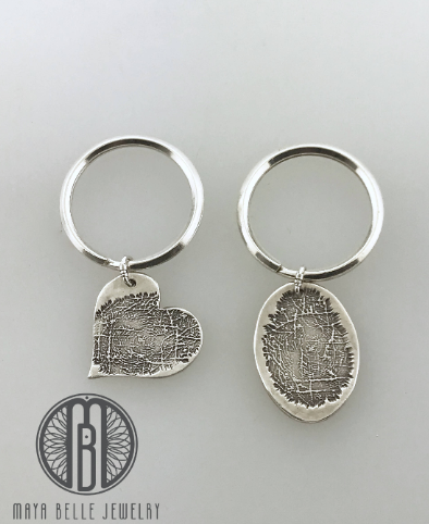 Silver Fingerprint Charm Keychain with Choice of Shape - Maya Belle Jewelry 