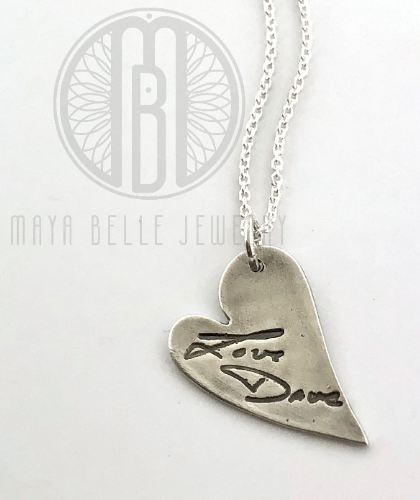 Handwriting Necklace with Engraving on the back in Choice of Silver or Bronze - Maya Belle Jewelry 