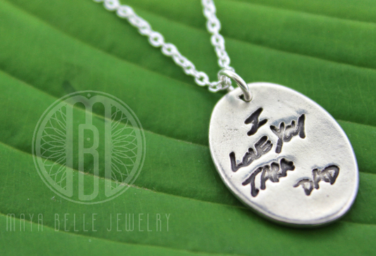 Handwriting Necklace with Engraving on the back in Choice of Silver or Bronze - Maya Belle Jewelry 