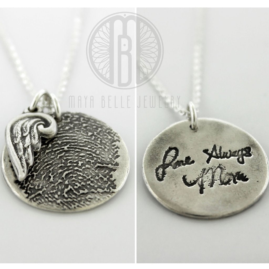 Fingerprint Angel Wing Necklace with Handwriting on the Back (Choice of Silver or Bronze) - Maya Belle Jewelry 